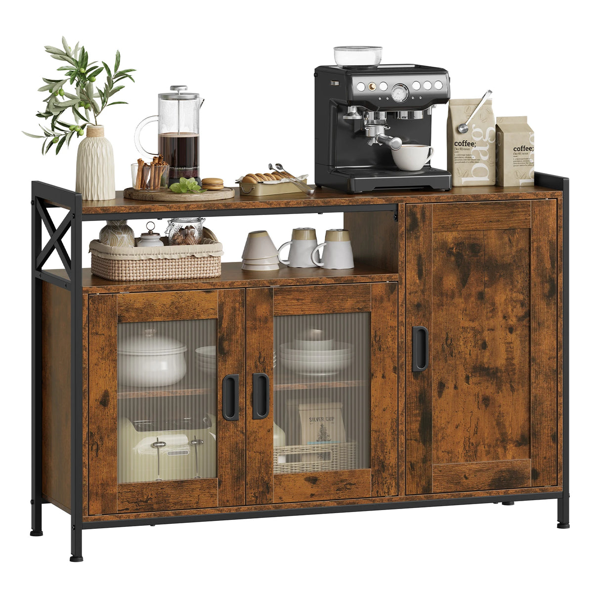 Industrieel BukkitBow dressoir met verstelbare planken en keukenkast, zwart metalen frame en houten laden, moderne opslagoplossing