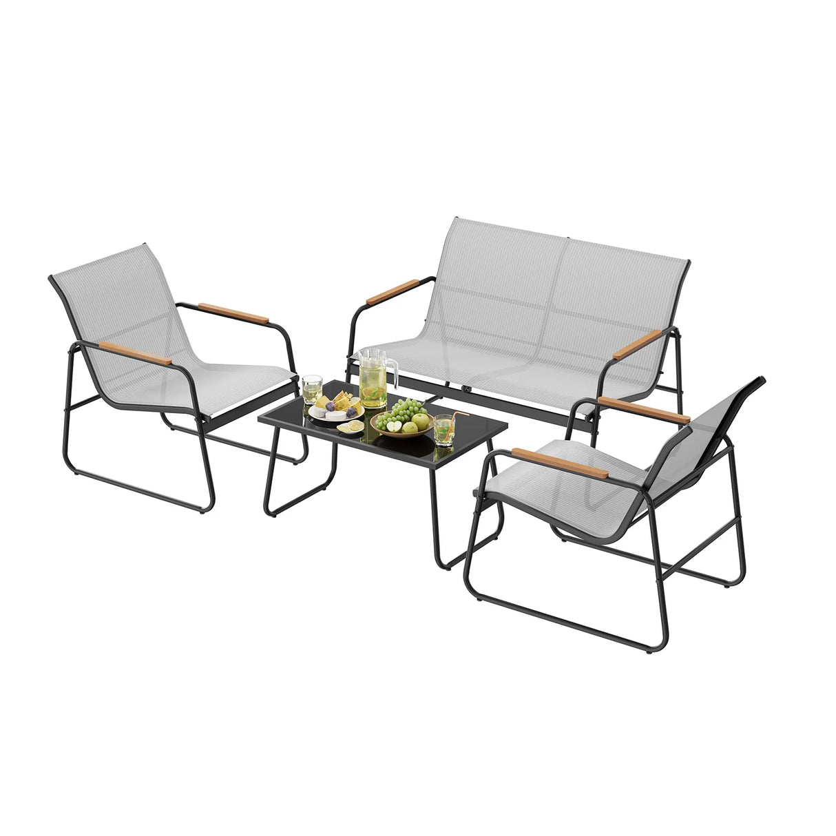 BukkitBow 4-delige tuinmeubelset met bank, stoelen en glazen tafel voor gezellige buitenruimte