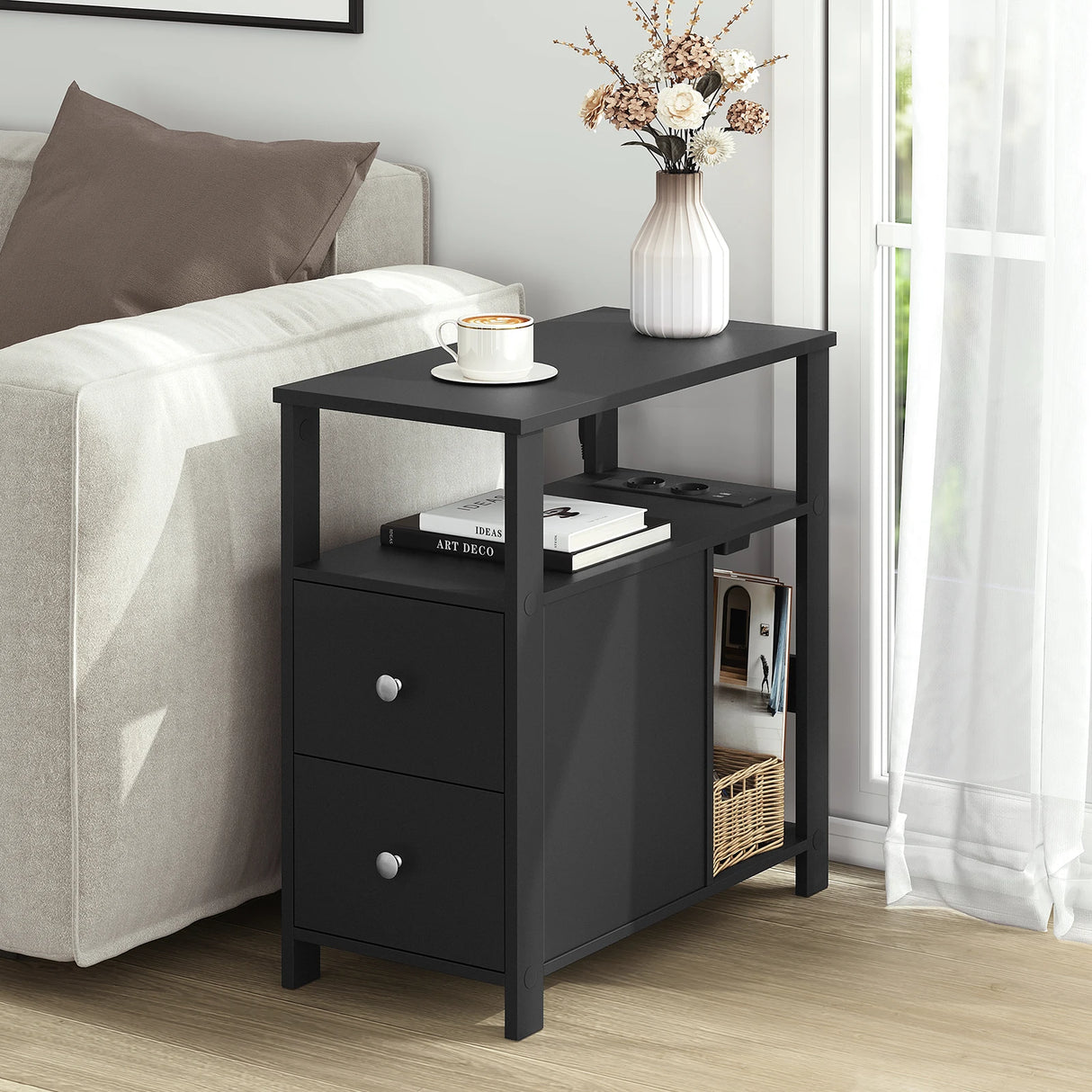 BukkitBow - Smalle Bijzettafel - Met 2Stopcontacten & 2 USB - Laden & Opbergruimte - Nachtkastje voor Woonkamer & Slaapkamer