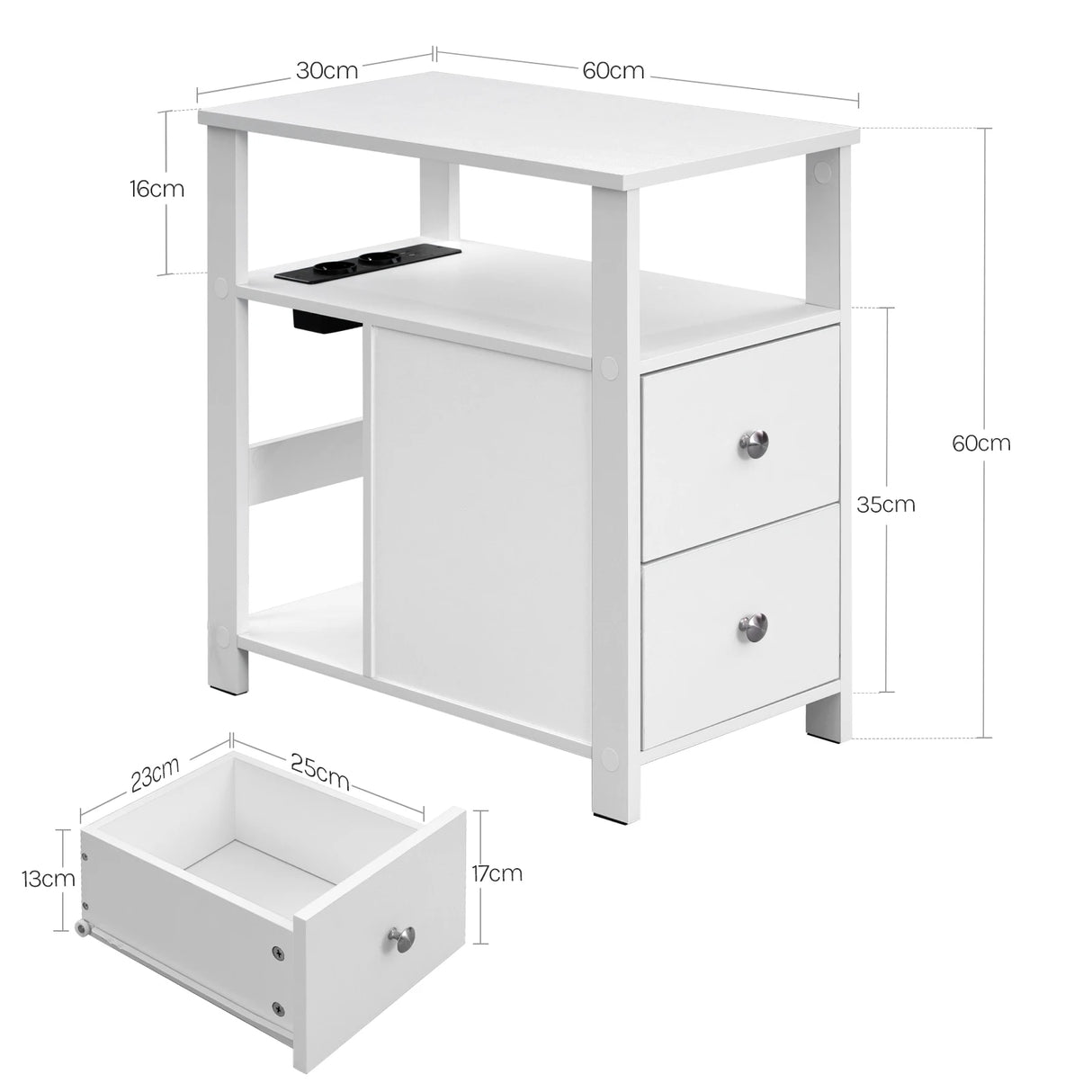 BukkitBow - Smalle Bijzettafel - Met 2Stopcontacten & 2 USB - Laden & Opbergruimte - Nachtkastje voor Woonkamer & Slaapkamer