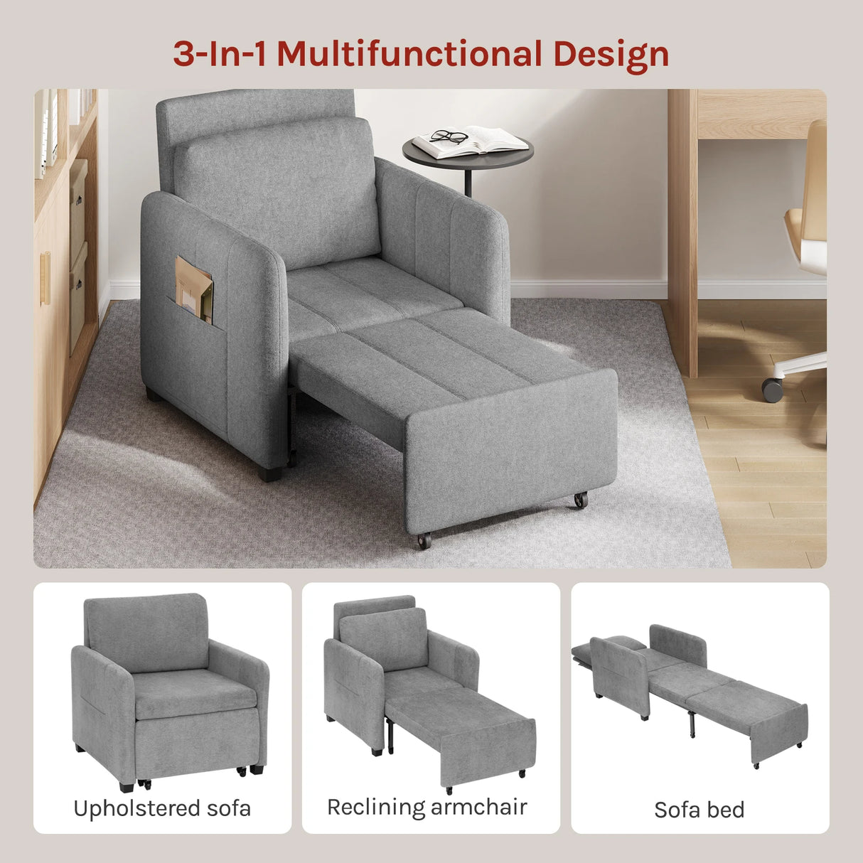 Grijze BukkitBow 3-in-1 slaapstoel met verstelbare slaapfunctie, ligstoel design, lengte 235 cm, comfortabel en multifunctioneel.