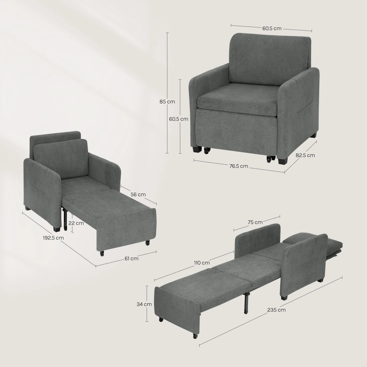 Grijze BukkitBow 3-in-1 slaapstoel met verstelbare slaapfunctie en ligstoel, lengte 235 cm, ergonomisch en comfortabel.