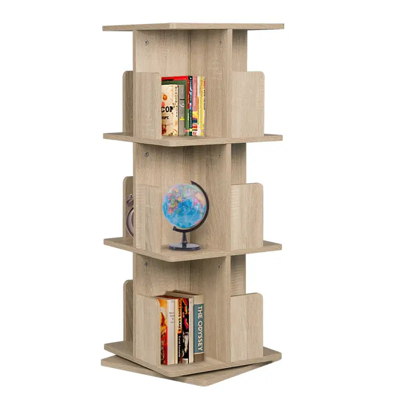 BukkitBow draaibare boekenkast met 3/4 planken, 97-128cm hoog, voor woonkameropslag, modern design en 360 graden rotatie.