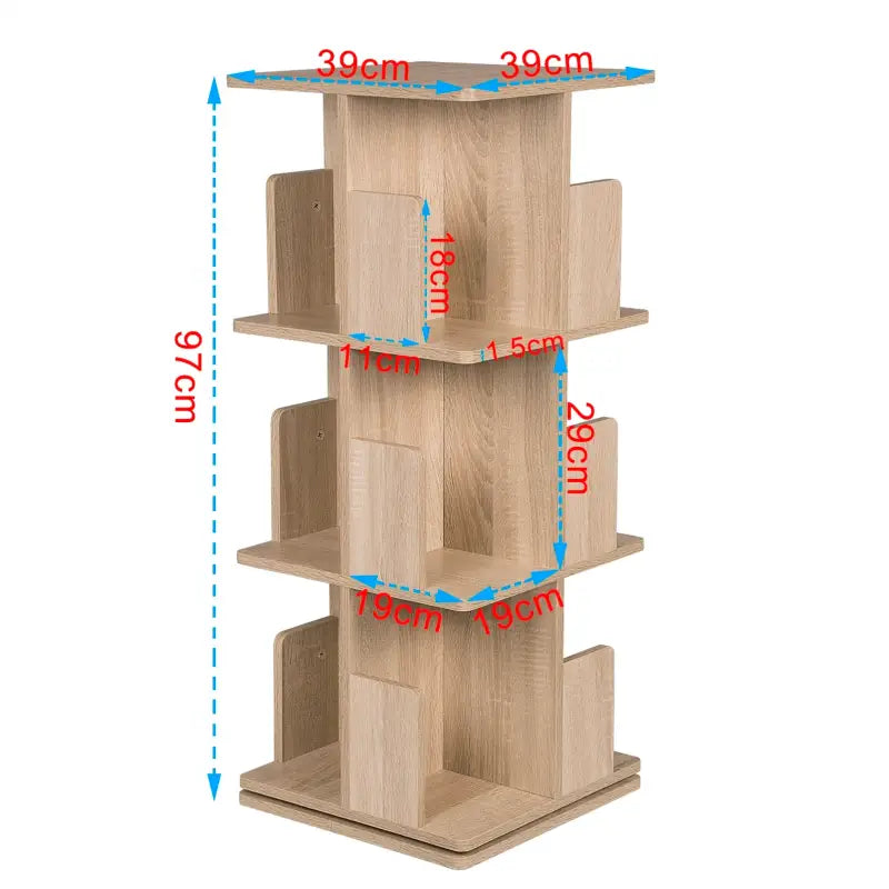 BukkitBow 360 graden draaiende boekenkast met 3 of 4 planken, hoogte 97-128 cm, ideaal voor woonkameropslag.
