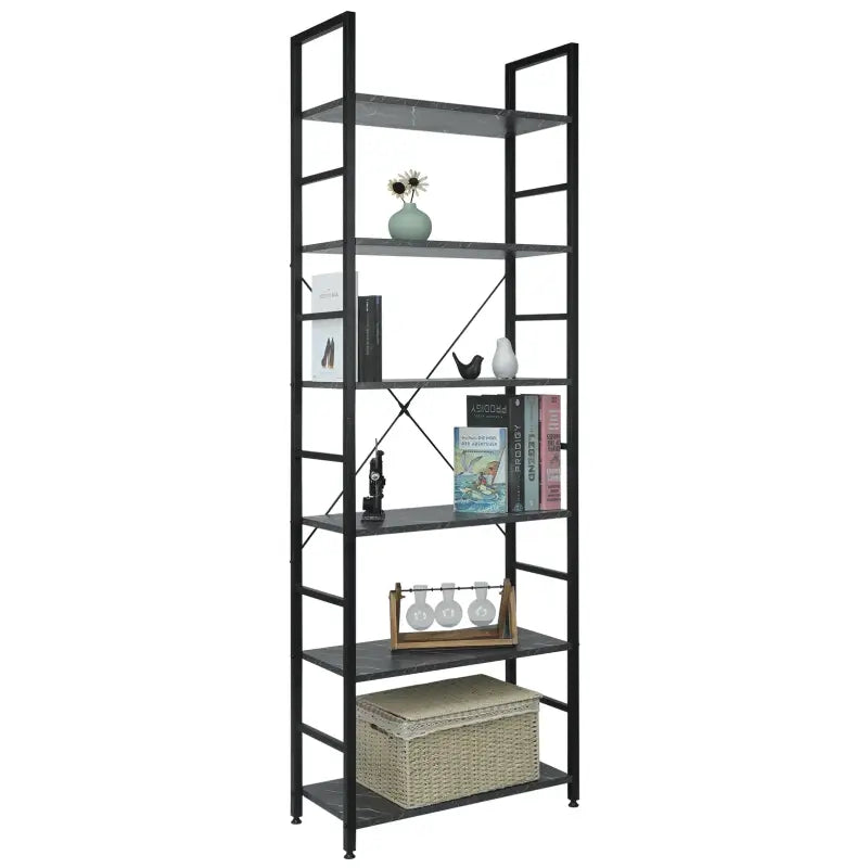 BukkitBow 6-laags metalen en houten boekenkast voor thuis, 60x28x180cm, geschikt voor diverse ruimtes, stijlvolle home decor.