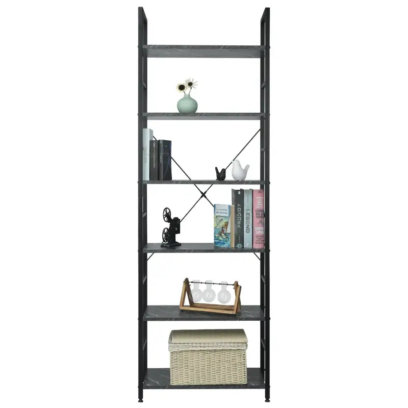 BukkitBow 6-laagse metalen en houten boekenkast, 60x28x180cm, modern home decor, geschikt voor diverse ruimtes.