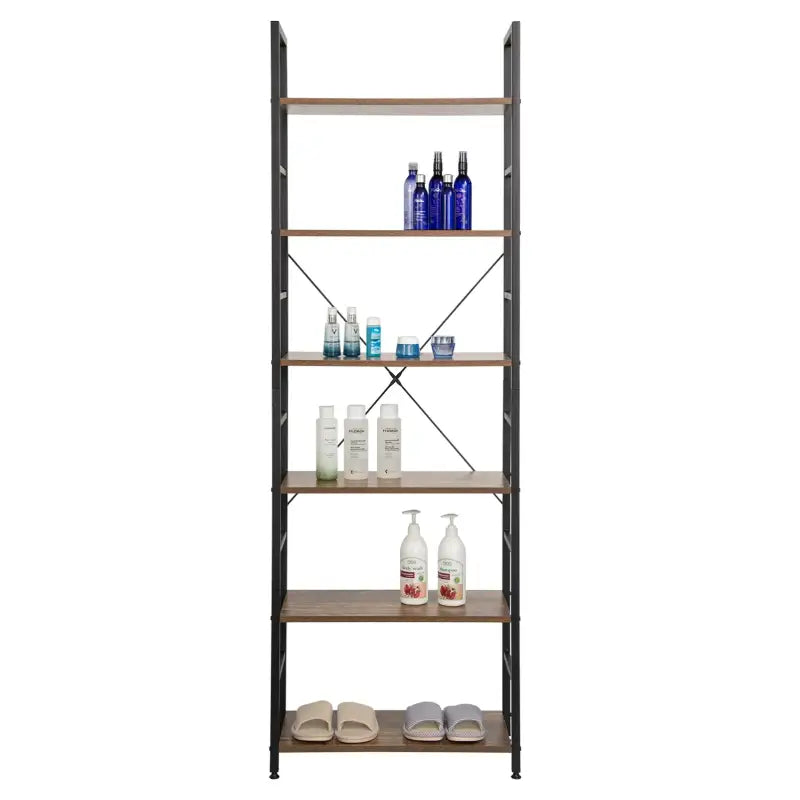 BukkitBow 6-laags metalen en houten boekenkast voor thuis, afmetingen 60x28x180cm, geschikt voor diverse ruimtes.