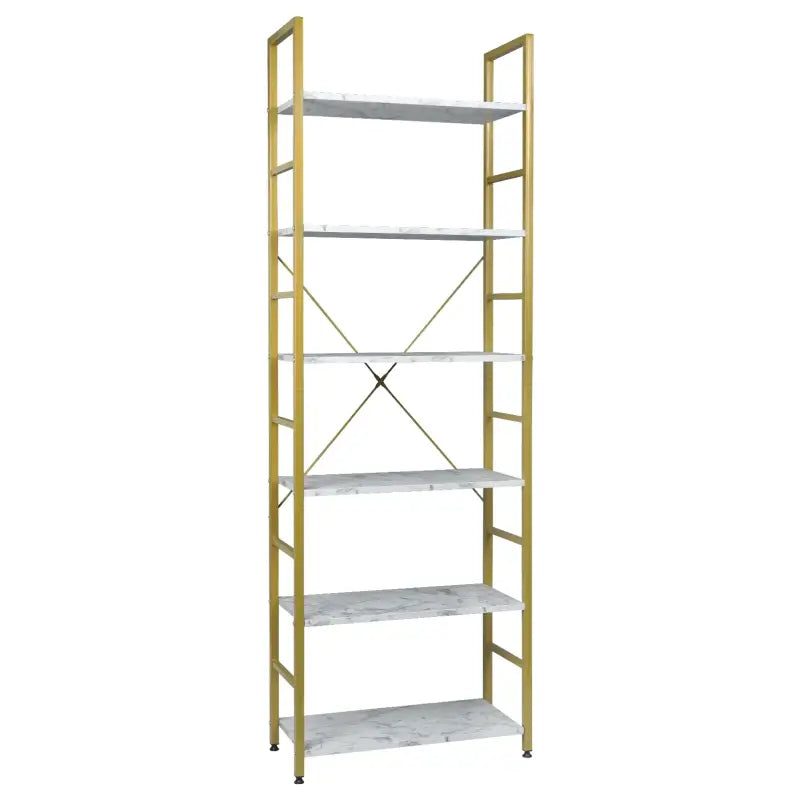 BukkitBow 6-laagse metalen en houten boekenkast voor thuis, 60x28x180cm, geschikt voor diverse ruimtes en home decor.