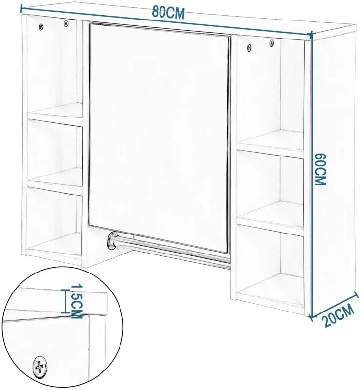 BukkitBow badkamermeubel met spiegel, handdoekhouder en verstelbare plank, afmetingen 80x20x60 cm, in een moderne badkamer.