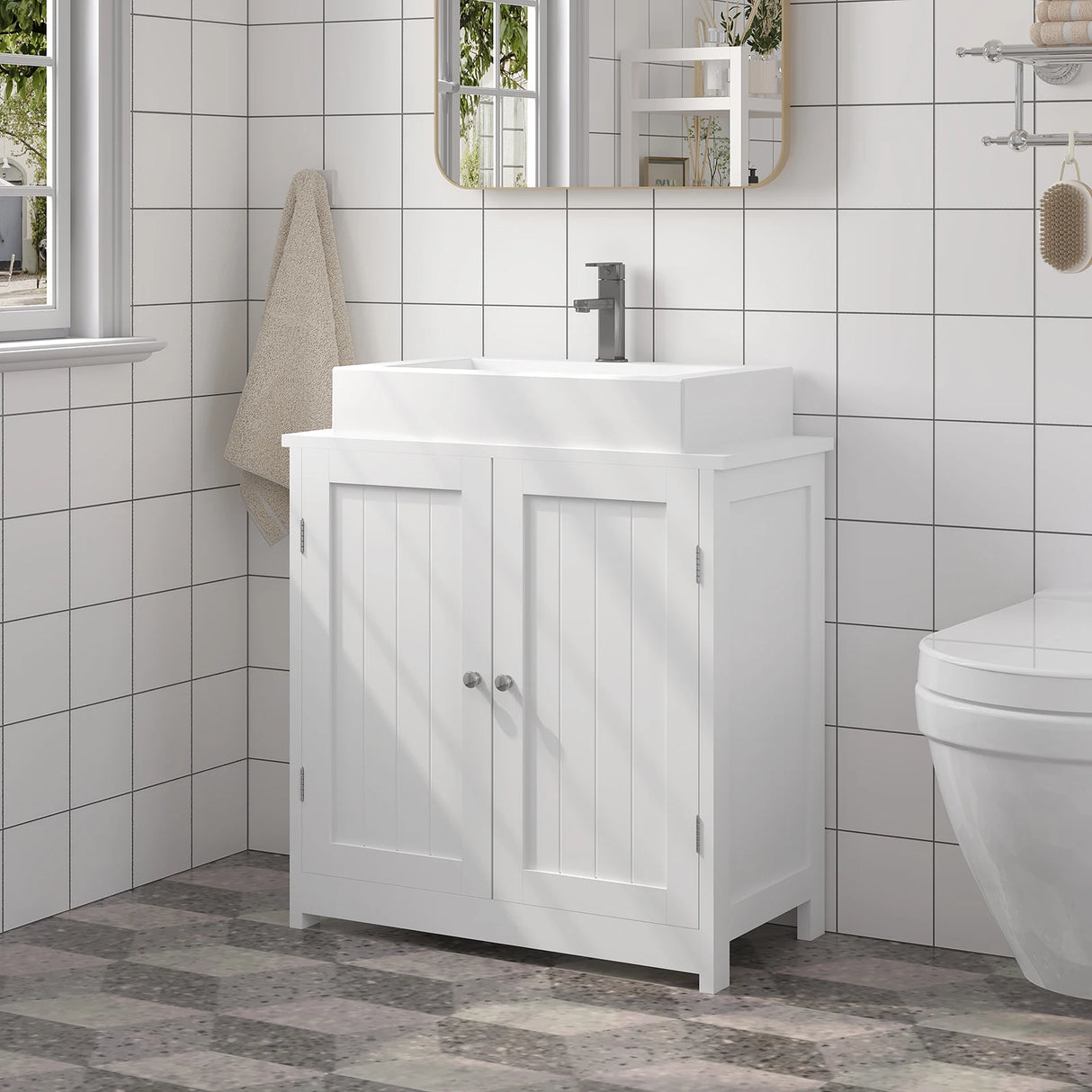 BukkitBow badkamerkast onder wastafel met 2 deuren en verstelbare plank, vrijstaand opslagmeubel voor badkamer.