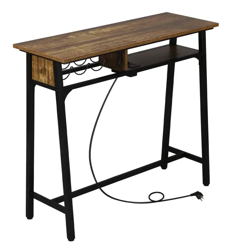 BukkitBow bartafel met oplaadstation en wijnrek, metalen frame met vintage houten look, afmetingen 110x94x40 cm, 50 kg draagvermogen
