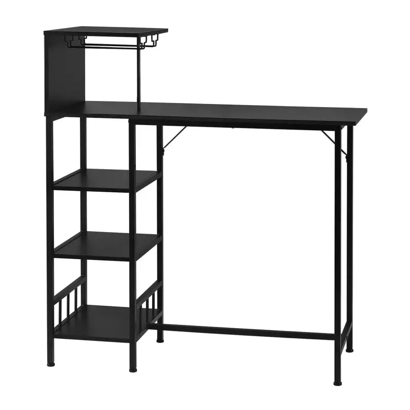BukkitBow bartafel met houten planken en opbergruimte voor glazen, geschikt voor thuis of barruimte, zwart metalen frame.