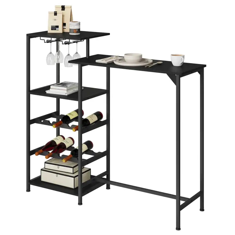 BukkitBow bartafel met houten planken, opbergruimte voor glazen en geïntegreerd wijnrek, modern design voor thuis of bar.