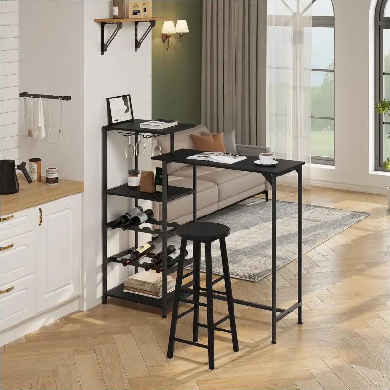BukkitBow bartafel met planken, opbergruimte voor glazen en wijnrek, stevige houten bartafel voor thuis of bar.