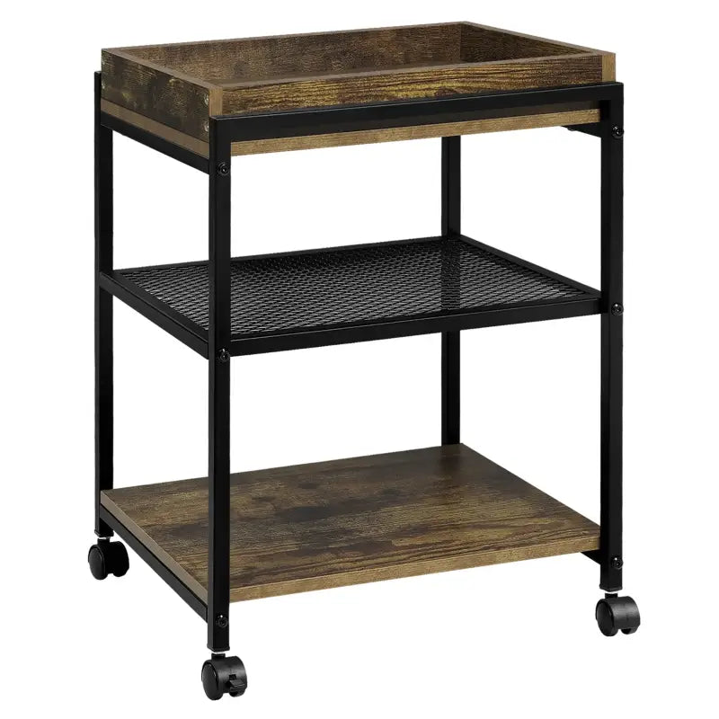 BukkitBow bijzettafel met afneembaar dienblad en rolbare opslagkar, zwart metalen frame en houten tafelblad