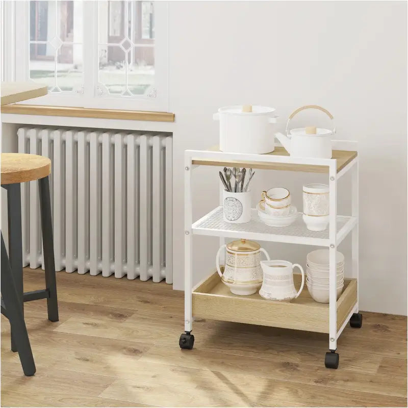 BukkitBow bijzettafel met afneembaar dienblad en rolbare opslagkar, modern design, houtlook afwerking, multifunctioneel gebruik