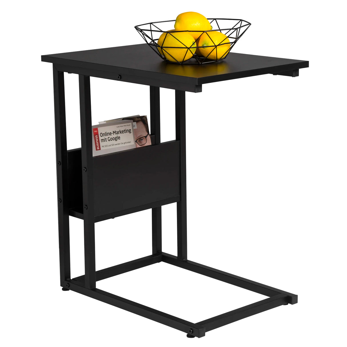 Industriele BukkitBow bijzettafel met opbergplank, zwart metalen frame en houten blad, perfect voor woonkamer of slaapkamer.