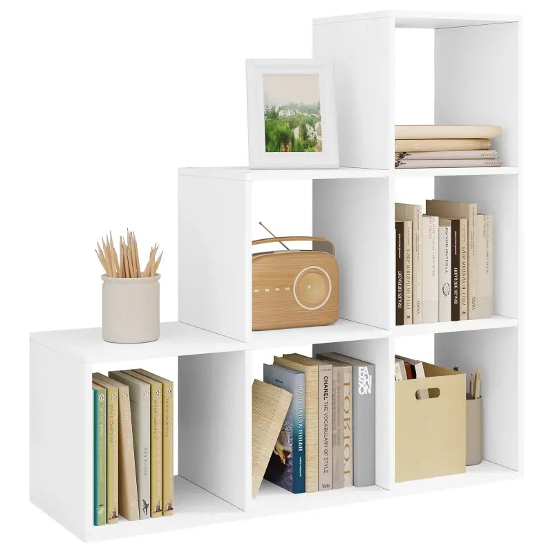 Witte BukkitBow boekenkast met 3 niveaus en 6 vakken, kubusplanken en archiefkast voor stijlvolle opbergruimte