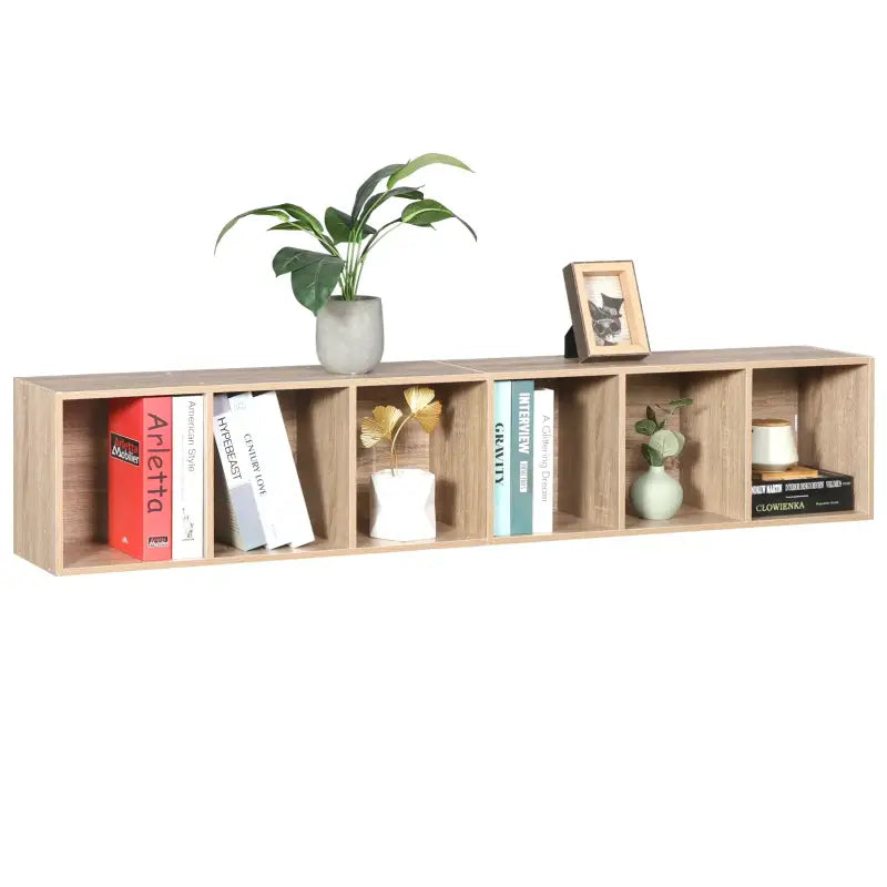 BukkitBow boekenkast met 6 opbergvakken, moderne houten opslagplank voor kantoor of woonkamer, afmetingen 30x23,5x158,4 cm.