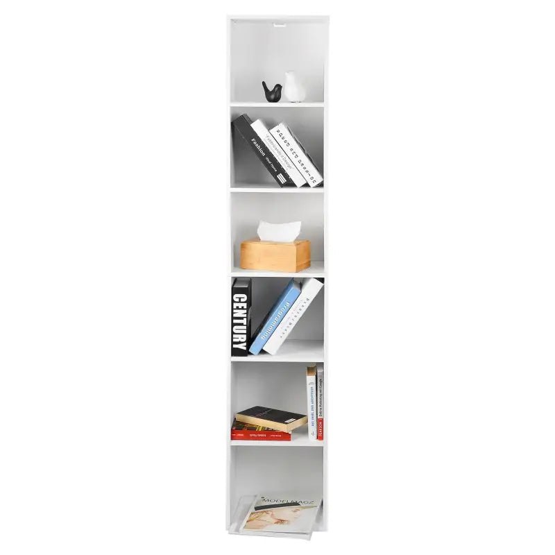 BukkitBow boekenkast met 6 opbergvakken, moderne houten opslagplank voor kantoor of woonkamer, afmetingen 30x23,5x158,4 cm.