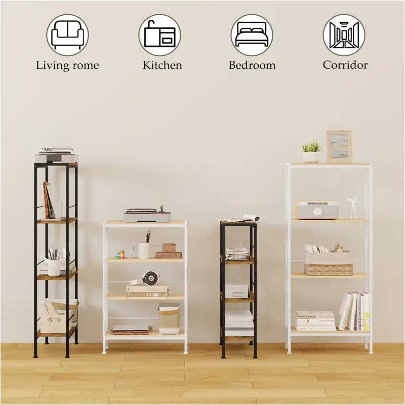 BukkitBow boekenkast met 4 niveaus, metalen frame, staand ontwerp, afmetingen 50x78x20cm, geschikt voor boeken en decor.
