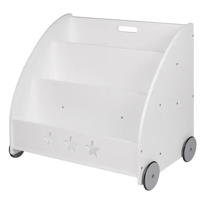 Kinderboekenkast BukkitBow met wielen, staande vakken en een hoogte van 57 cm, geschikt voor kinderen en makkelijk verplaatsbaar.