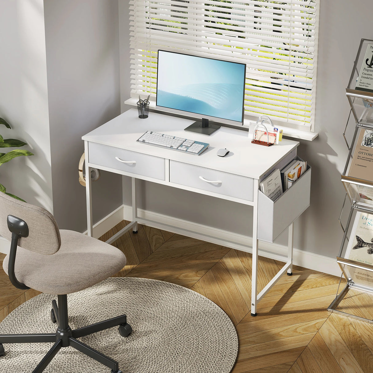 BukkitBow bureau met laden en opbergvakken, stevig metalen frame, geschikt voor thuis en kantoor, werktafel met haak.