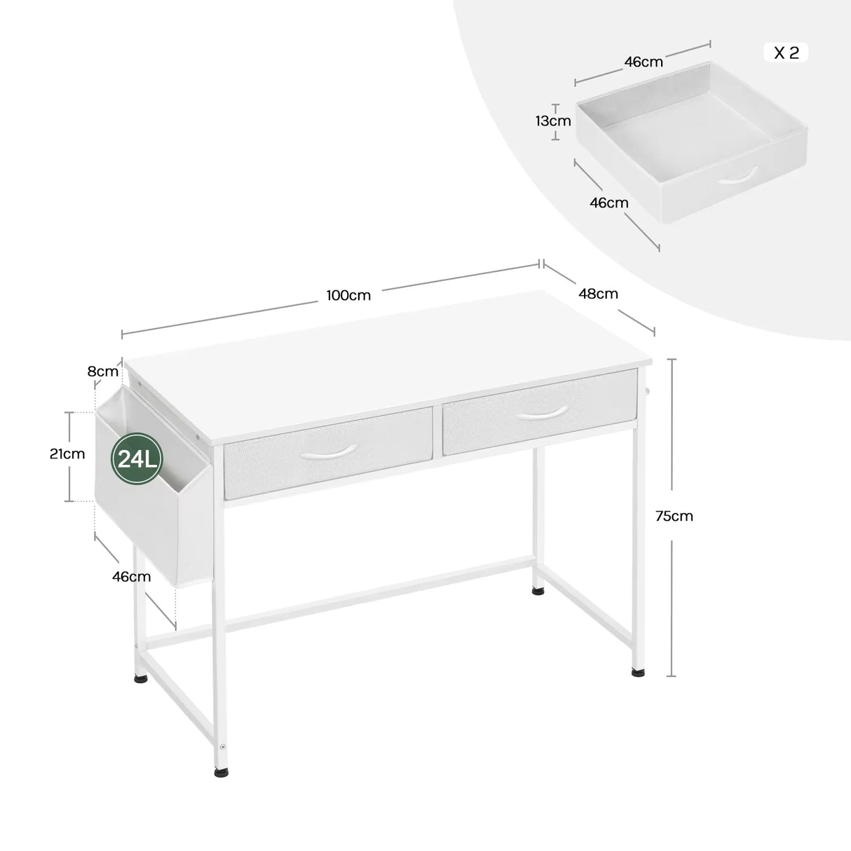 BukkitBow bureau met laden, werktafel met opbergvakken en haak, stevig metalen frame voor thuis of kantoor