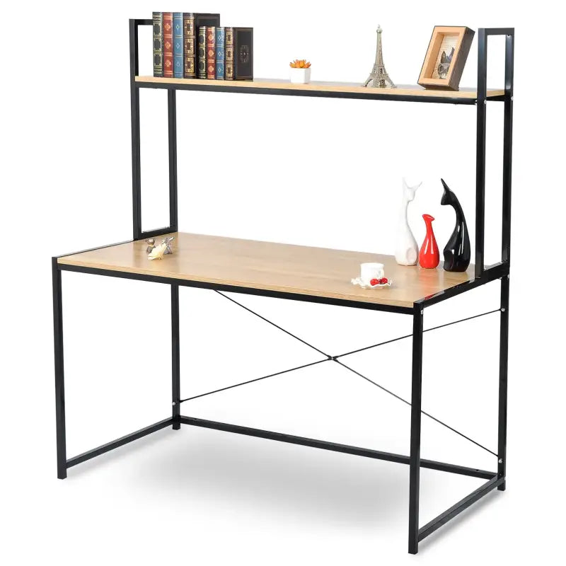 BukkitBow bureau met hout en stalen frame, opbergplank, afmetingen 120x60x140 cm, draagt 50 kg, geschikt voor thuis of kantoor