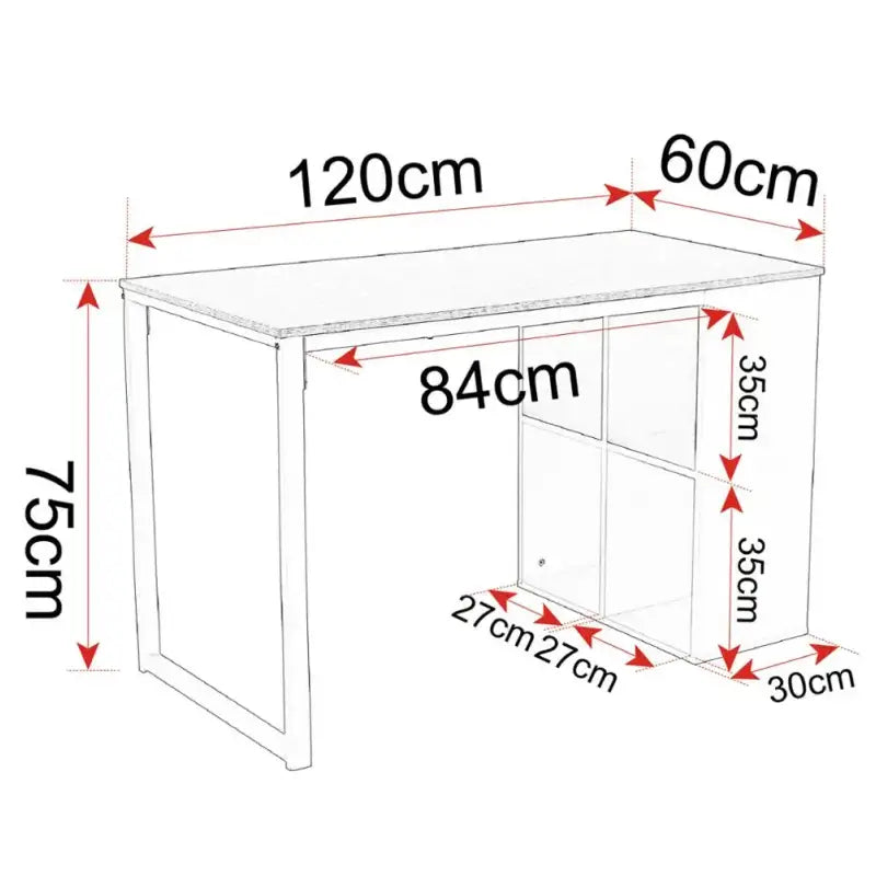 BukkitBow bureau met vakkenkast, spaanplaat tafelblad en metalen frame, afmeting 120x60cm, werkstation voor thuis of kantoor.