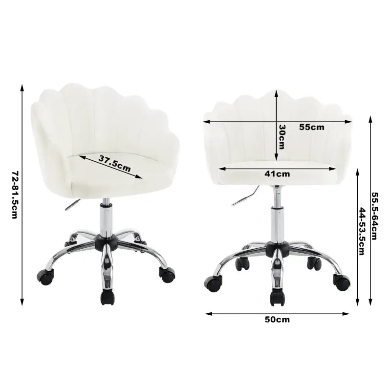 BukkitBow bureaustoel met bloembladontwerp, fluwelen bekleding, metalen onderstel en ergonomische, in hoogte verstelbare zitting.