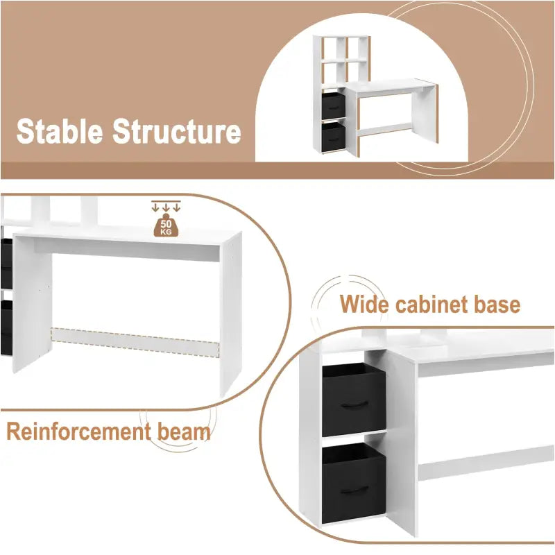 Wit BukkitBow compact bureau met planken en opbergruimte, 140,5x134x50 cm, geschikt voor thuis of kantoor.