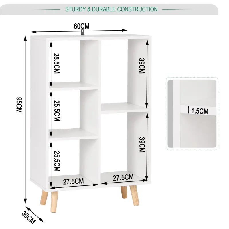 BukkitBow compacte boekenkast met 5 vakken, stevige planken, afmetingen 30x60x95cm, ruimte-efficiënt en duurzaam design