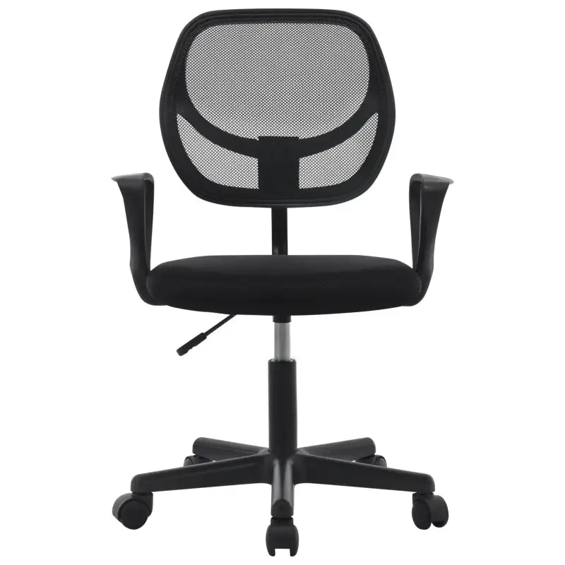 BukkitBow compacte bureaustoel met verstelbare hoogte van 41-53 cm en 100 kg draagvermogen, zwart met comfortabele zitting.