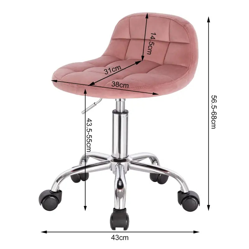 BukkitBow bureaustoel met velvet fluweel bekleding, metalen onderstel, wielen en in hoogte verstelbare zitting (43,5-55 cm).