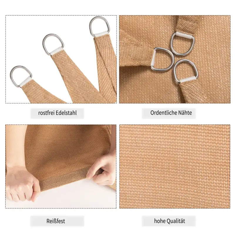 BukkitBow driehoekig schaduwdoek van 180g/m² HDPE met UV-bescherming, RVS gespen, bevestigingskabels, water- en luchtdoorlatend.