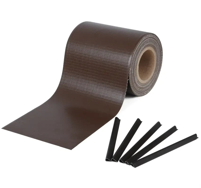 Dubbelzijdig BukkitBow privacyschermrol met PC-folie, UV- en weerbestendig, 35m x 19cm, inclusief bevestigingsclips.