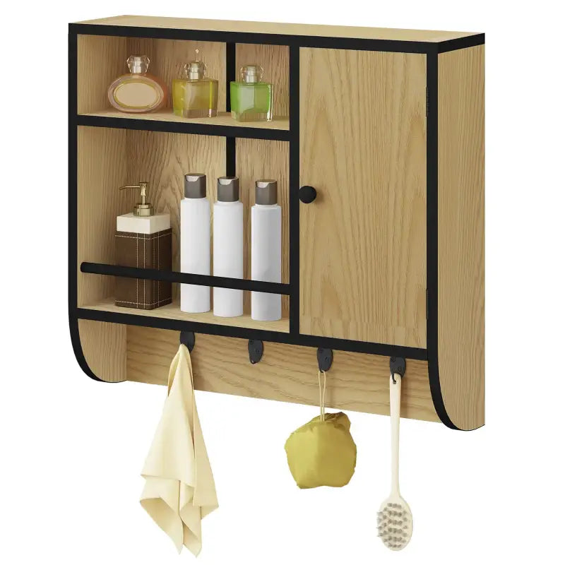 BukkitBow eiken badkamermeubel met wandkast en verstelbare planken, industrieel ontwerp, 58x52x15 cm, max 7 kg per lade.