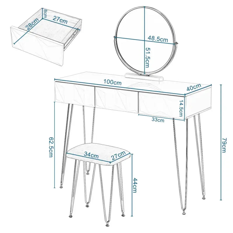 BukkitBow elegante kaptafel set met metalen frame, MDF hout, glas, draaibare spiegel en kruk, afmetingen 100x40x79cm.