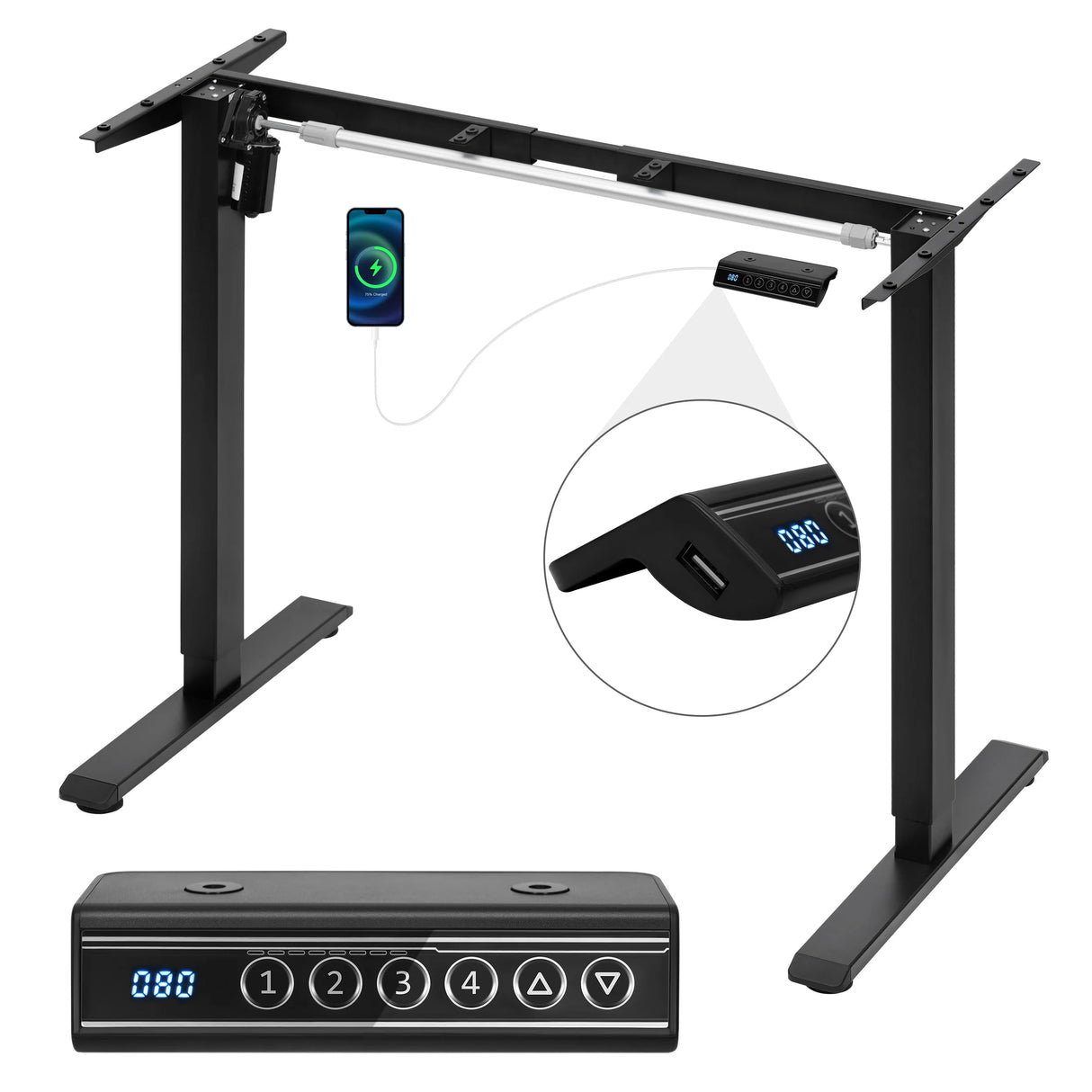 Elektrisch verstelbaar BukkitBow bureauframe met USB- en geheugenfunctie, geschikt voor een ergonomisch werkplek.