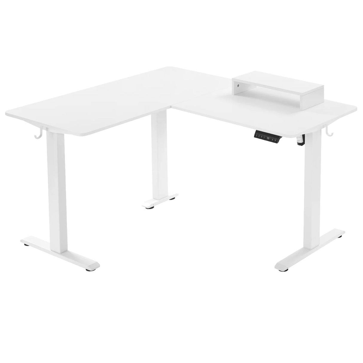 Elektrisch verstelbaar L-vormig bureau van BukkitBow met monitorstandaard, afmeting 140x120 cm, modern en functioneel design