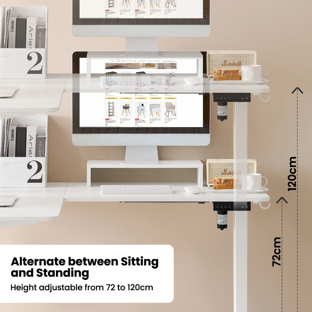 Elektrisch verstelbaar L-vormig bureau van BukkitBow met monitorstandaard, afmetingen 140x120 cm, modern en functioneel design