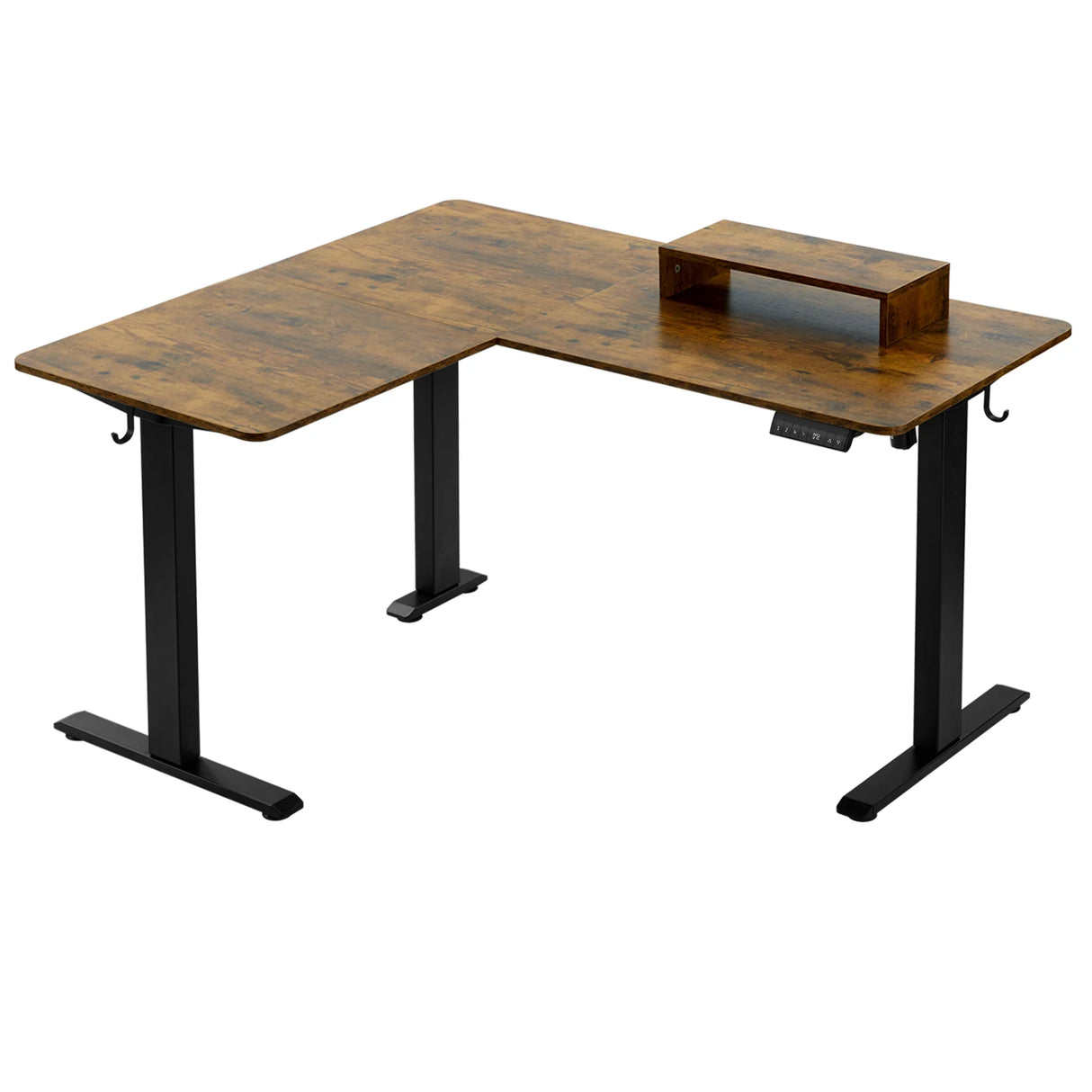 Elektrisch verstelbaar L-vormig bureau van BukkitBow met monitorstandaard, afmeting 140x120 cm, perfect voor thuiswerk en kantoor.