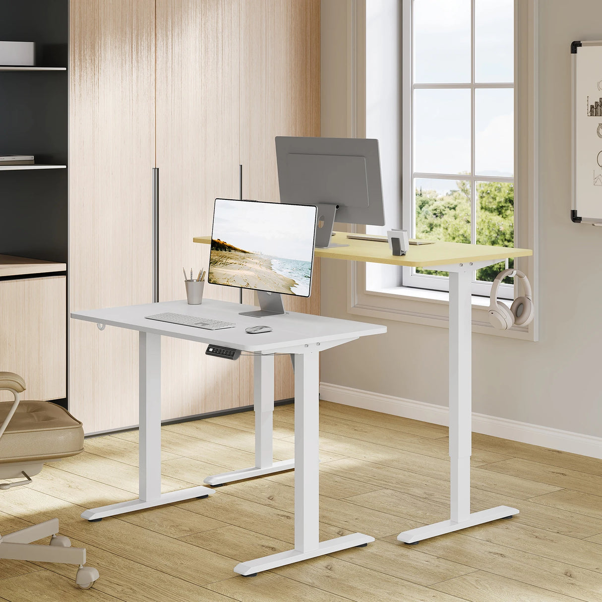 Elektrisch verstelbaar zit-sta bureau van BukkitBow met USB-poort en geheugenfunctie, inclusief tafeloppervlak en verstelbare poten.