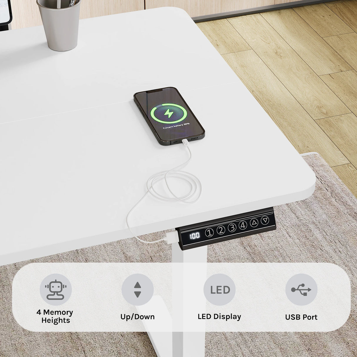 Elektrisch verstelbaar zit-sta bureau van BukkitBow met USB-poort en geheugenfunctie, zichtbaar in een moderne kantooromgeving.