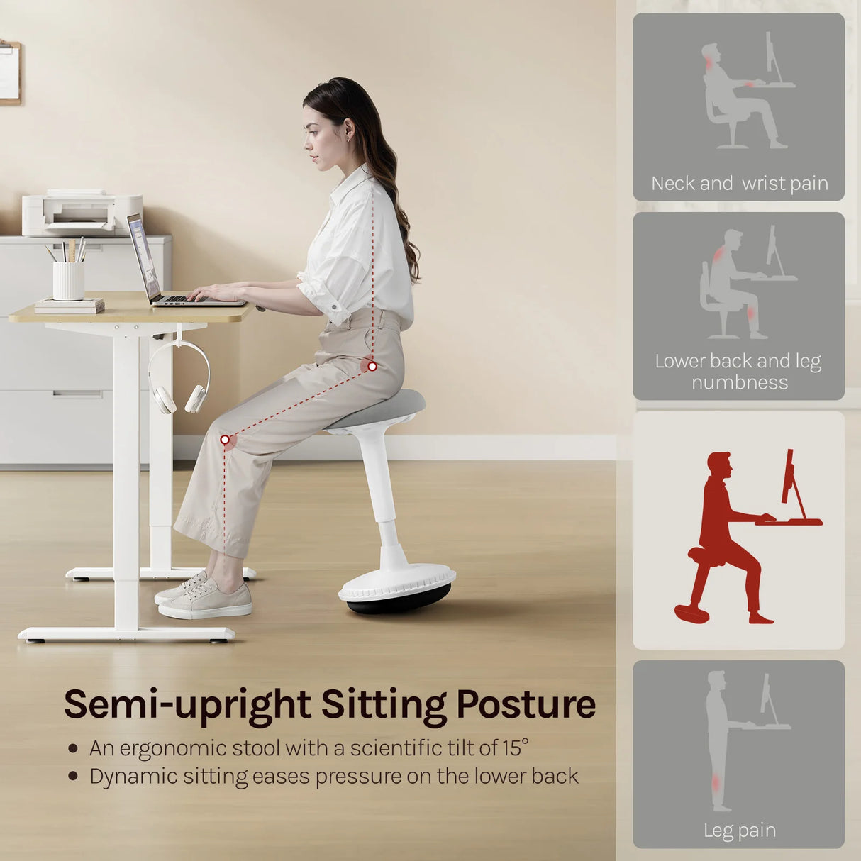 Ergonomische BukkitBow bureaustoel en kruk met stoffen bekleding, in hoogte verstelbaar voor optimaal comfort.