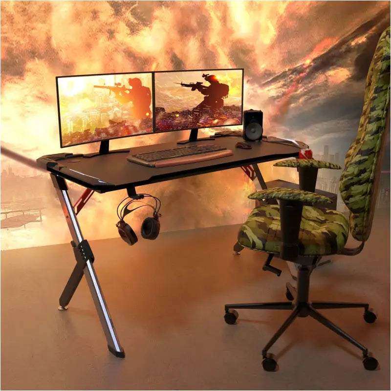 BukkitBow gaming bureau met bekerhouder, headsetstand en RGB-verlichting, afmetingen 116,5x56,5x73 cm, zwart en modern ontwerp