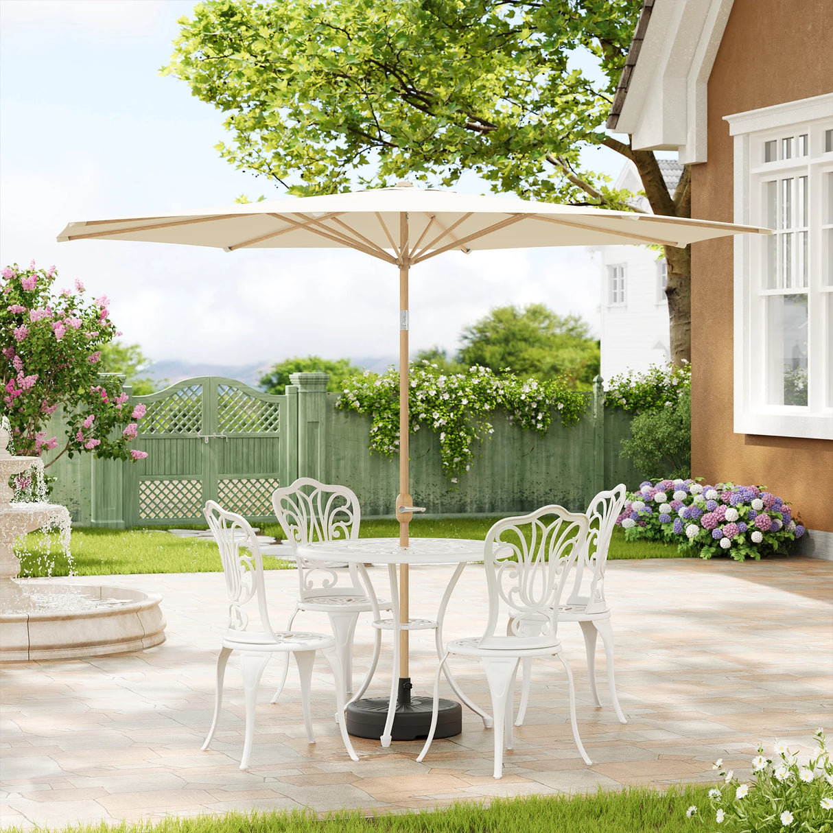 Grote ronde BukkitBow parasol van 300cm met kantelfunctie en slinger, terrasparasol voor buitengebruik.