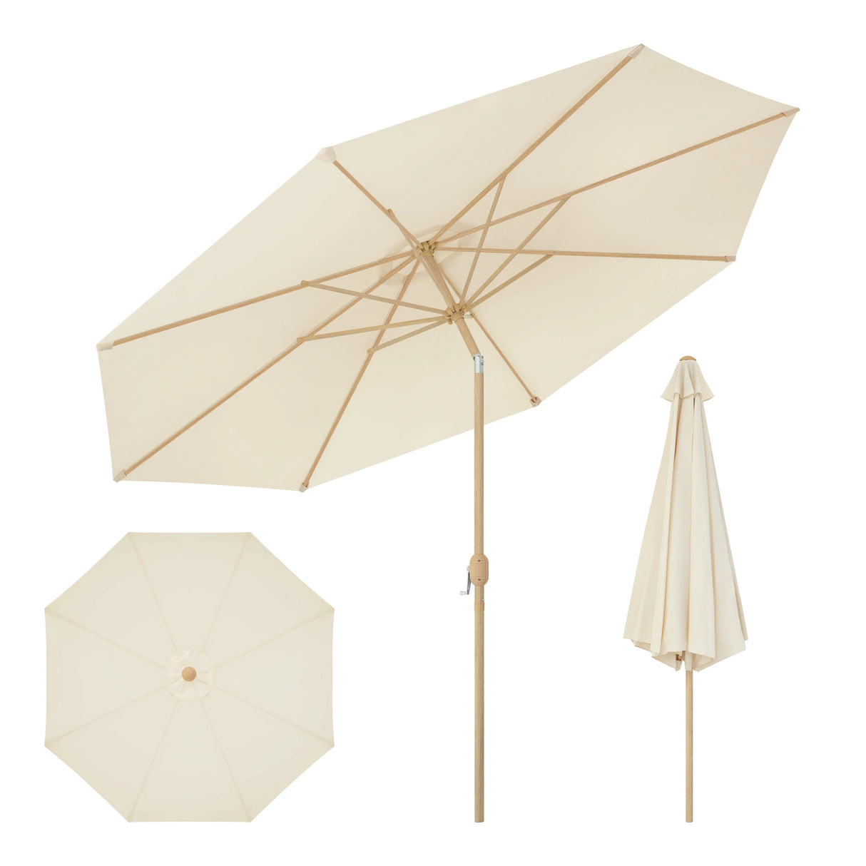 Grote ronde BukkitBow parasol met kantelfunctie en slinger, 300cm, in neutrale kleur voor buitengebruik