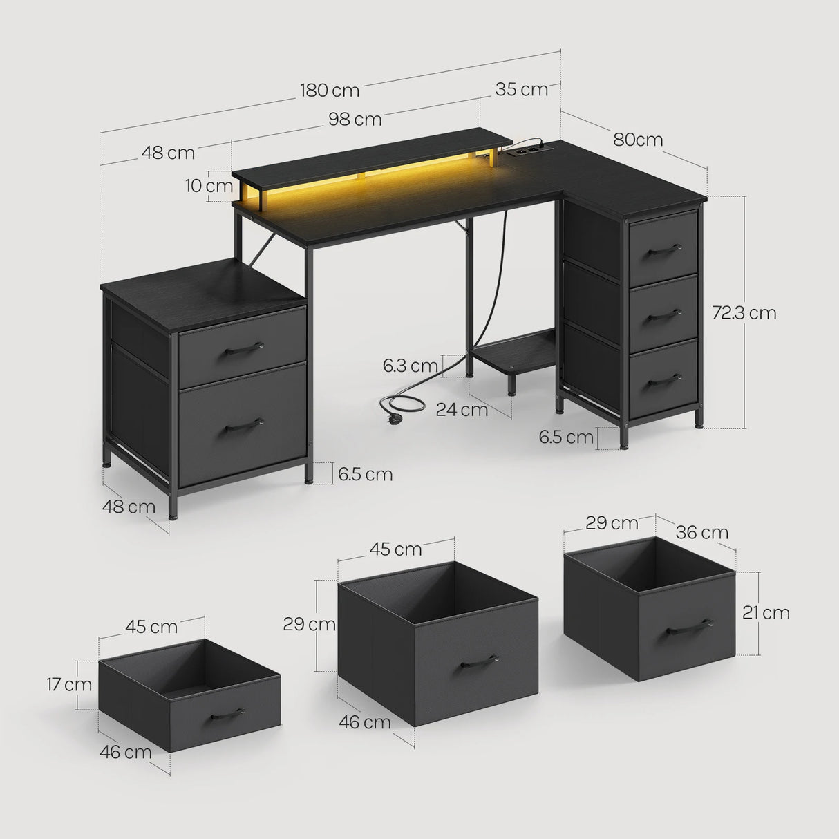 BukkitBow hoekbureau gaming bureau met RGB LED-verlichting, 5 laden, stopcontact en USB-poorten, zwart houten afwerking
